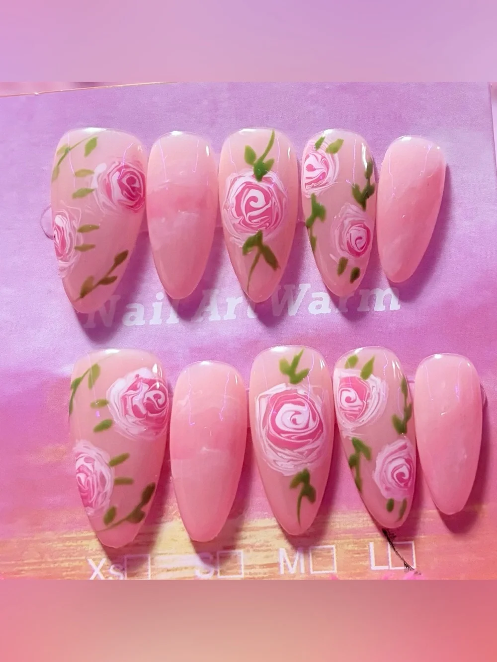 Pink Floral Press-On Nails – Hand-Painted Rose Design